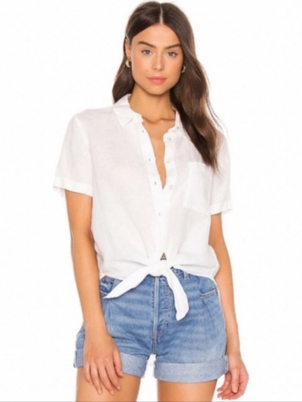 Theory White Short-Sleeve Button-Down Tie Front Shirt